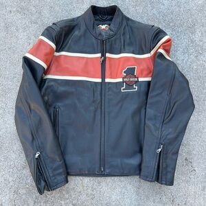 Harley-Davidson Victory Lane #1 Racer Stripe Leather Jacket Mens Large VTG Y2K